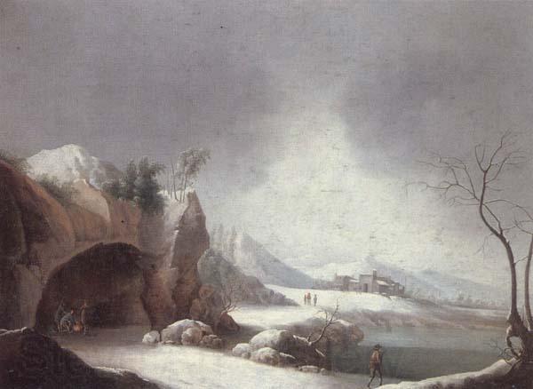 unknow artist A winter landscpae with travellers gathered aroubnd a fire in a grotto,overlooding a lake,a monastery beyond